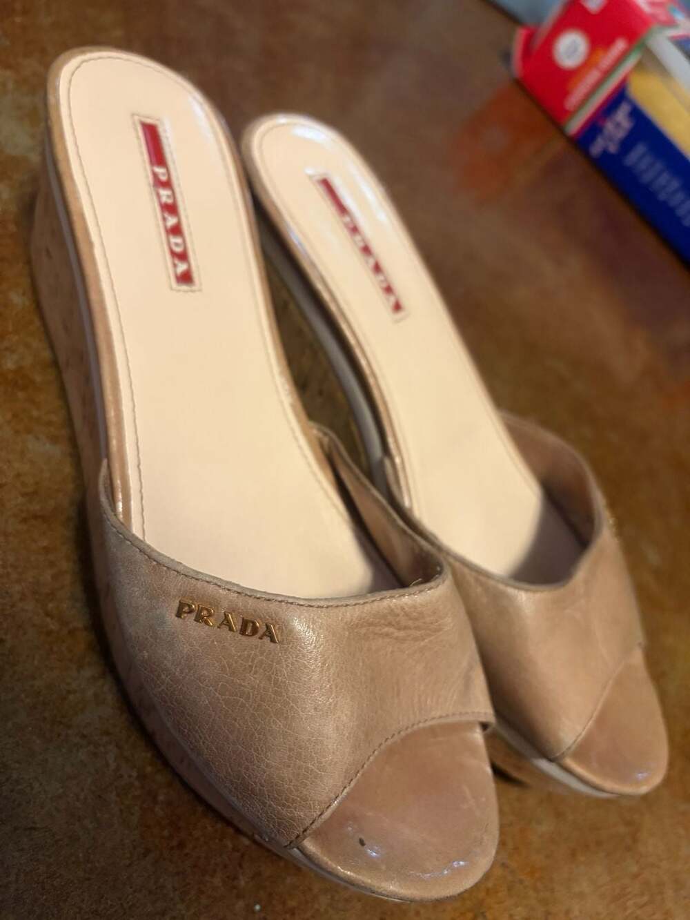 Prada Y2K Beige Leather Cork Platform Wedge Slide Sandals